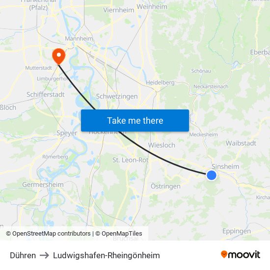 Dühren to Ludwigshafen-Rheingönheim map