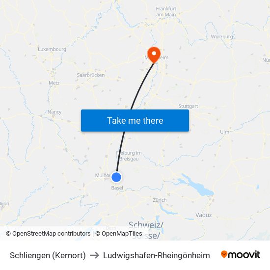 Schliengen (Kernort) to Ludwigshafen-Rheingönheim map