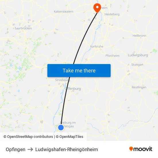 Opfingen to Ludwigshafen-Rheingönheim map