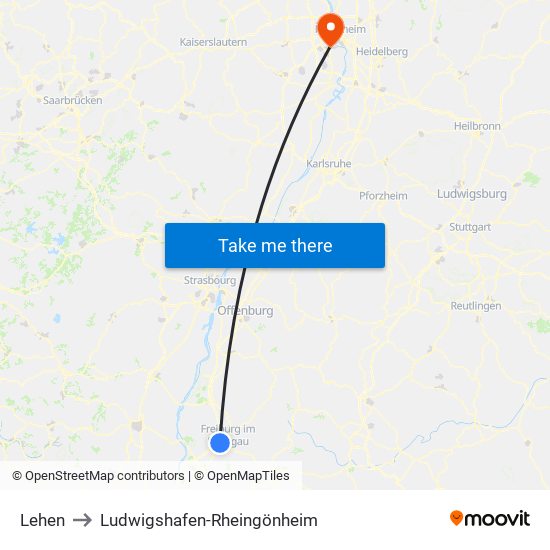 Lehen to Ludwigshafen-Rheingönheim map