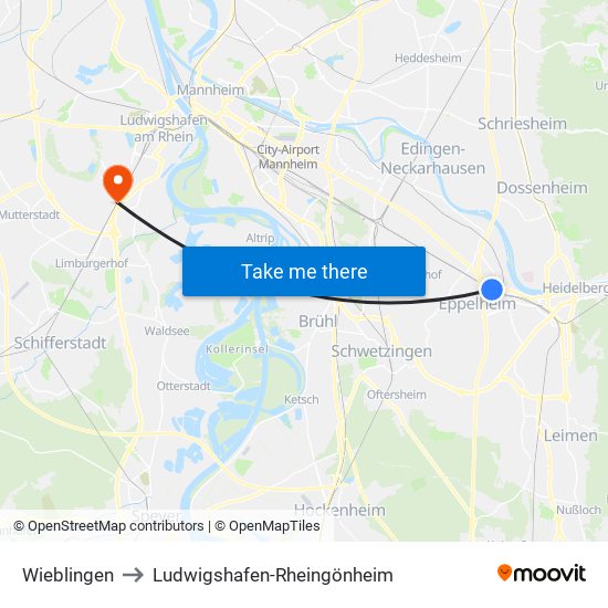 Wieblingen to Ludwigshafen-Rheingönheim map