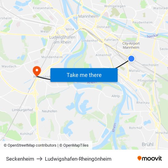 Seckenheim to Ludwigshafen-Rheingönheim map