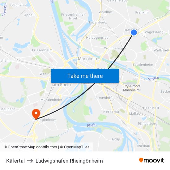 Käfertal to Ludwigshafen-Rheingönheim map