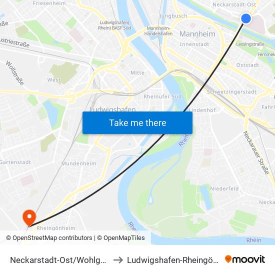 Neckarstadt-Ost/Wohlgelegen to Ludwigshafen-Rheingönheim map