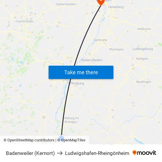 Badenweiler (Kernort) to Ludwigshafen-Rheingönheim map