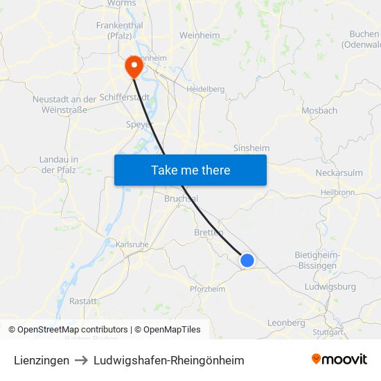 Lienzingen to Ludwigshafen-Rheingönheim map