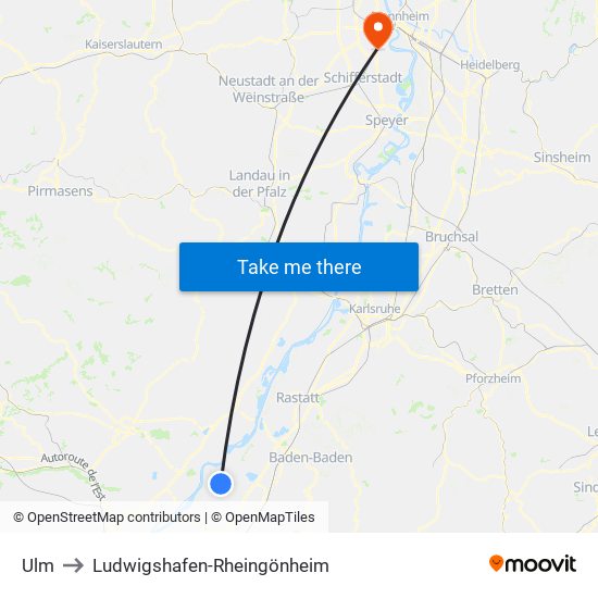 Ulm to Ludwigshafen-Rheingönheim map