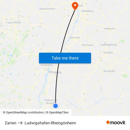 Zarten to Ludwigshafen-Rheingönheim map