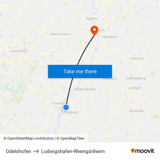 Odelshofen to Ludwigshafen-Rheingönheim map