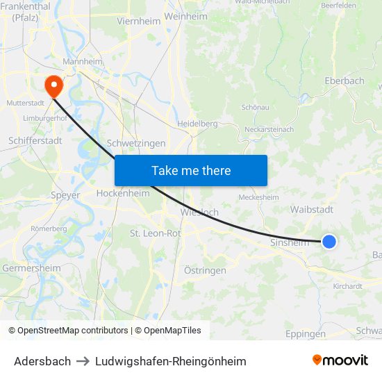 Adersbach to Ludwigshafen-Rheingönheim map