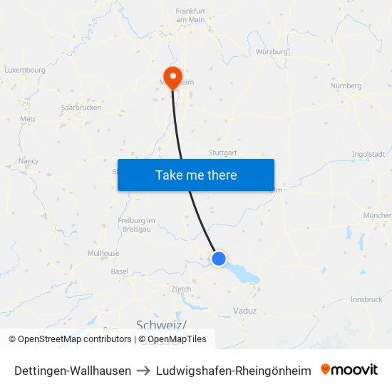 Dettingen-Wallhausen to Ludwigshafen-Rheingönheim map