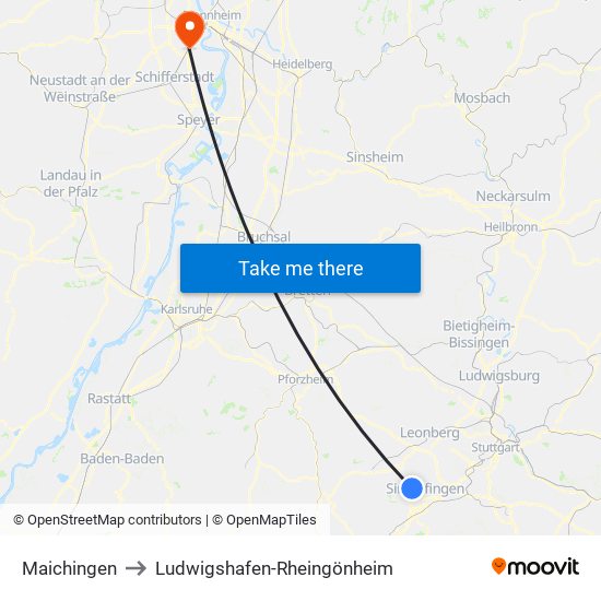 Maichingen to Ludwigshafen-Rheingönheim map