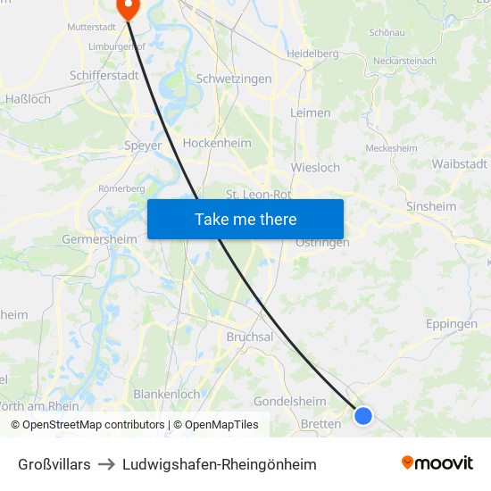 Großvillars to Ludwigshafen-Rheingönheim map