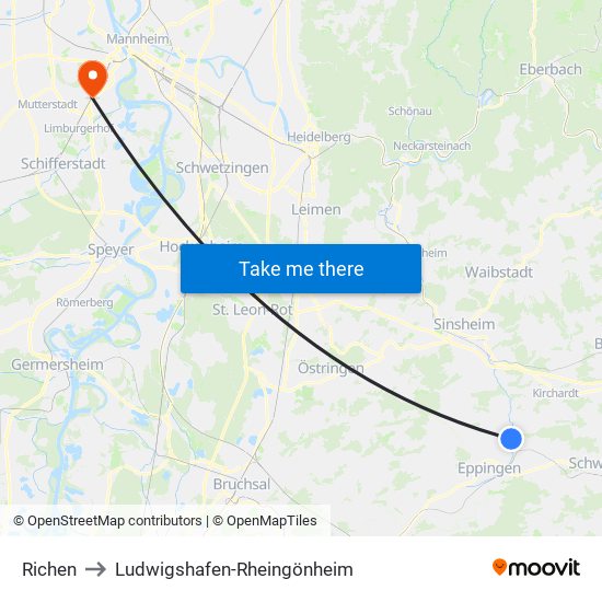 Richen to Ludwigshafen-Rheingönheim map