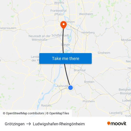 Grötzingen to Ludwigshafen-Rheingönheim map