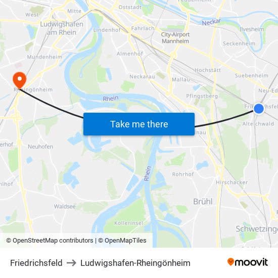 Friedrichsfeld to Ludwigshafen-Rheingönheim map