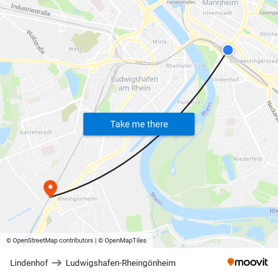 Lindenhof to Ludwigshafen-Rheingönheim map