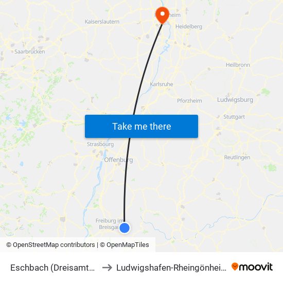 Eschbach (Dreisamtal) to Ludwigshafen-Rheingönheim map