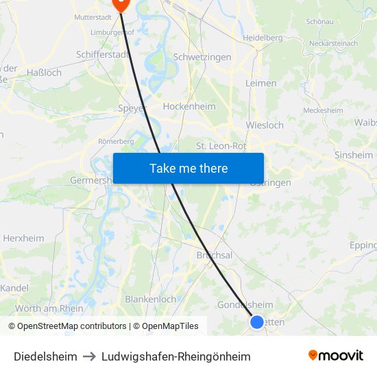 Diedelsheim to Ludwigshafen-Rheingönheim map