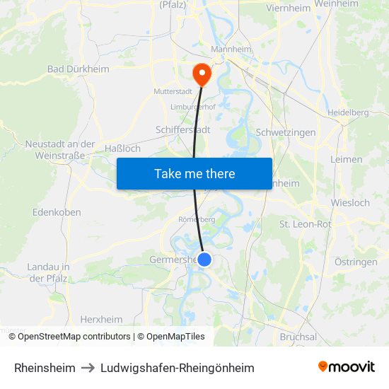 Rheinsheim to Ludwigshafen-Rheingönheim map