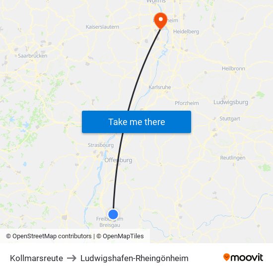 Kollmarsreute to Ludwigshafen-Rheingönheim map