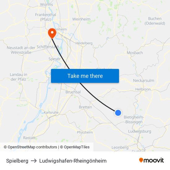 Spielberg to Ludwigshafen-Rheingönheim map