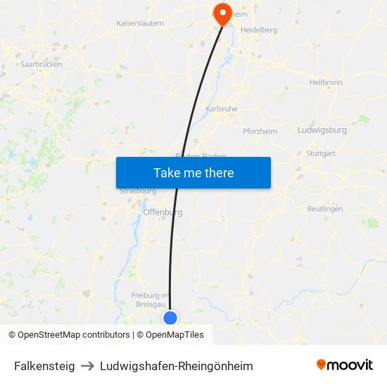 Falkensteig to Ludwigshafen-Rheingönheim map
