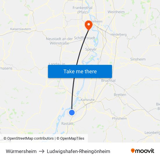 Würmersheim to Ludwigshafen-Rheingönheim map