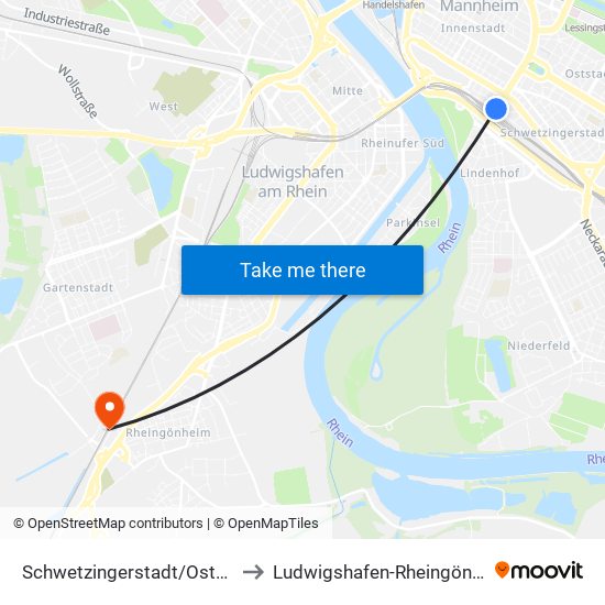 Schwetzingerstadt/Oststadt to Ludwigshafen-Rheingönheim map