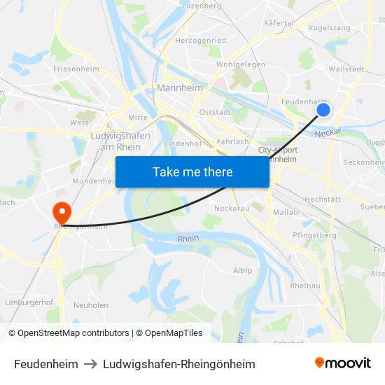 Feudenheim to Ludwigshafen-Rheingönheim map