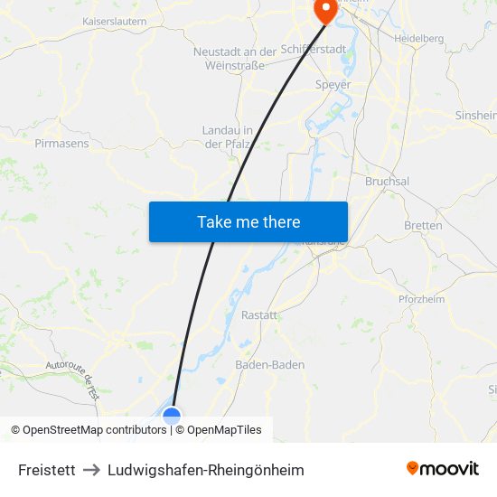 Freistett to Ludwigshafen-Rheingönheim map