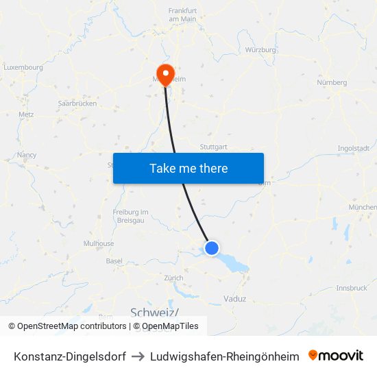 Konstanz-Dingelsdorf to Ludwigshafen-Rheingönheim map