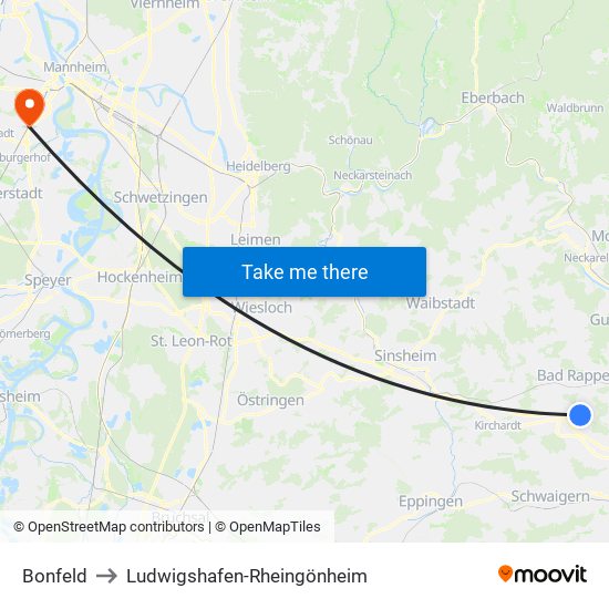 Bonfeld to Ludwigshafen-Rheingönheim map