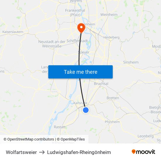 Wolfartsweier to Ludwigshafen-Rheingönheim map