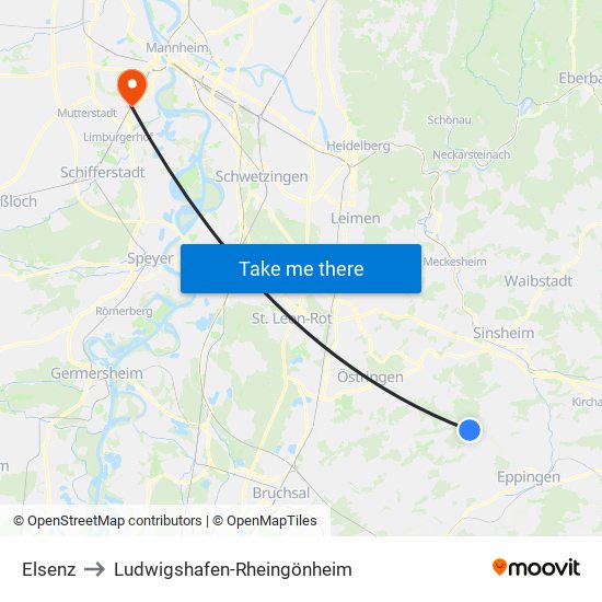 Elsenz to Ludwigshafen-Rheingönheim map