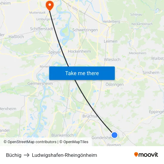 Büchig to Ludwigshafen-Rheingönheim map