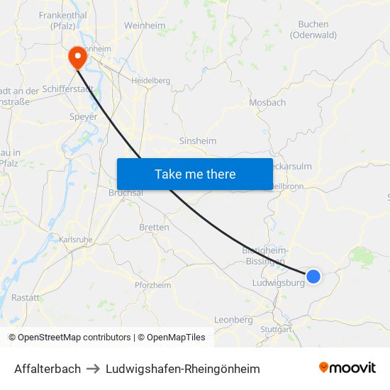 Affalterbach to Ludwigshafen-Rheingönheim map