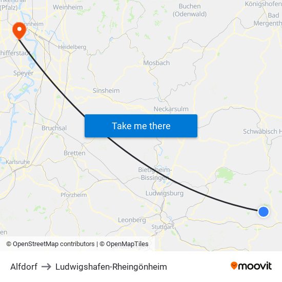 Alfdorf to Ludwigshafen-Rheingönheim map