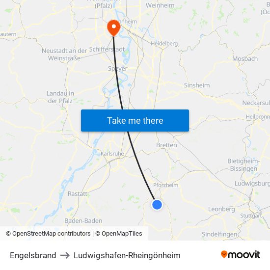 Engelsbrand to Ludwigshafen-Rheingönheim map