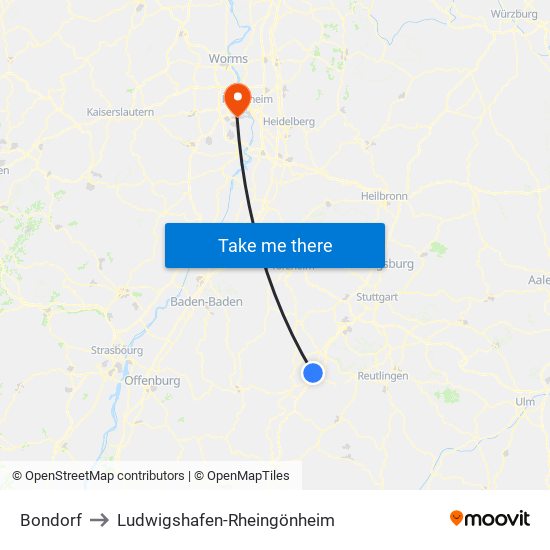 Bondorf to Ludwigshafen-Rheingönheim map