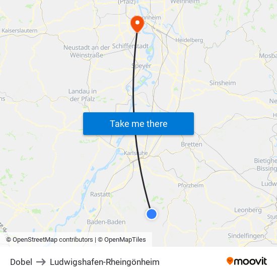 Dobel to Ludwigshafen-Rheingönheim map