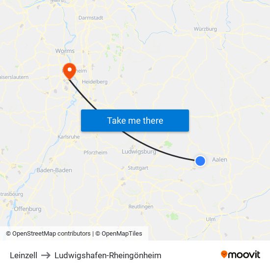 Leinzell to Ludwigshafen-Rheingönheim map
