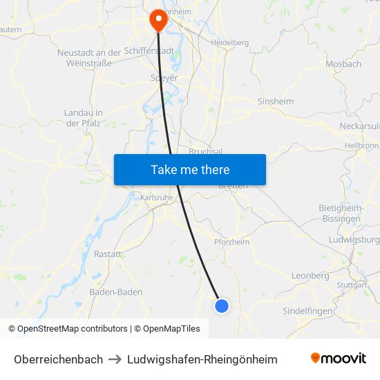 Oberreichenbach to Ludwigshafen-Rheingönheim map