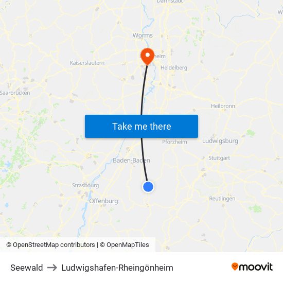 Seewald to Ludwigshafen-Rheingönheim map