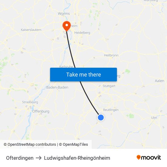 Ofterdingen to Ludwigshafen-Rheingönheim map