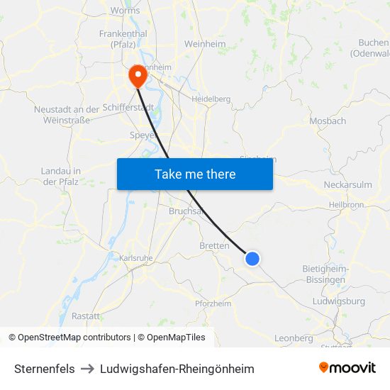 Sternenfels to Ludwigshafen-Rheingönheim map