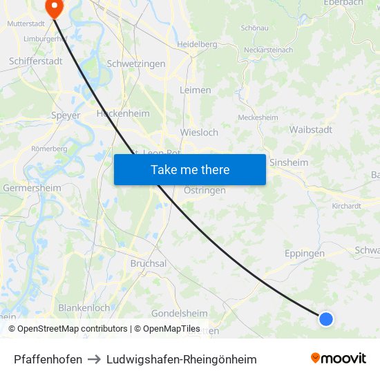 Pfaffenhofen to Ludwigshafen-Rheingönheim map