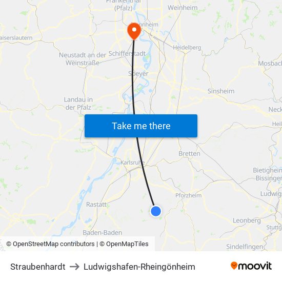 Straubenhardt to Ludwigshafen-Rheingönheim map