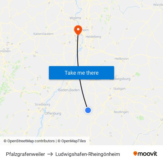 Pfalzgrafenweiler to Ludwigshafen-Rheingönheim map