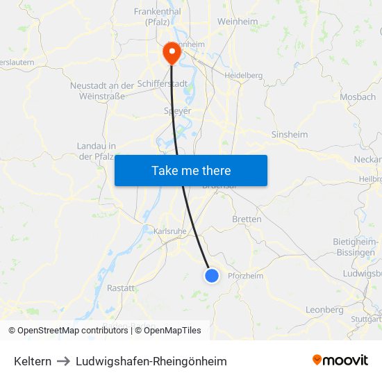 Keltern to Ludwigshafen-Rheingönheim map